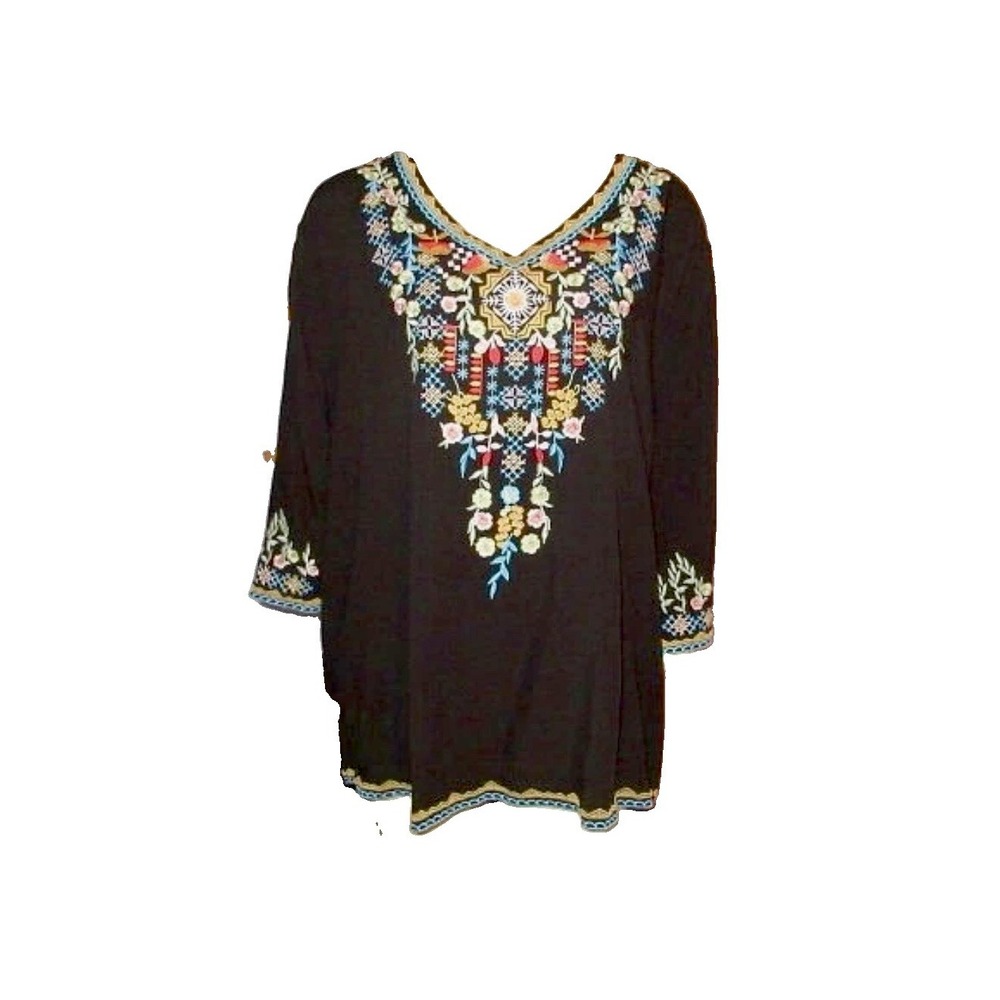 Floral Embroidered Blouse Top Size 3X Bell Sleeves Tunic Aztec Whimsigoth Boho